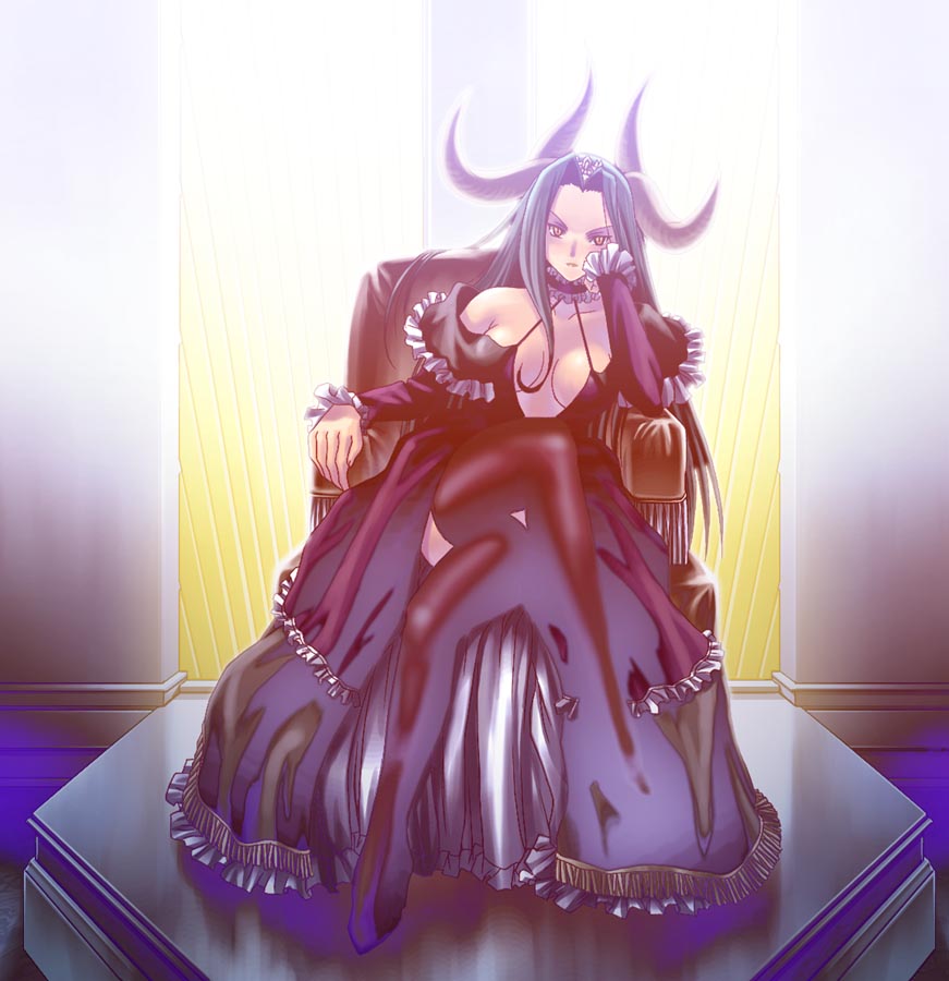 artist_request blue_hair breasts cleavage copyright_request demon_girl dress horns long_hair medium_breasts solo thighhighs throne yellow_eyes