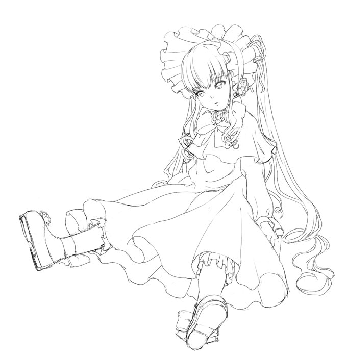 bonnet bow bowtie cozy dress flower frills full_body greyscale lineart long_hair long_sleeves looking_at_viewer monochrome rose rozen_maiden shinku shoe_soles simple_background solo white_background