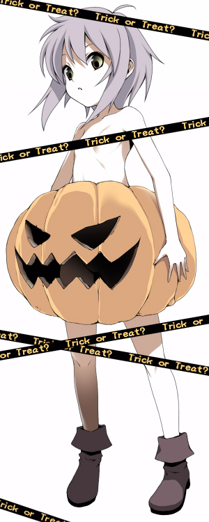 caution_tape full_body halloween jack-o'-lantern maskman nagato_yuki naked_pumpkin no_panties nude pumpkin purple_hair shoes short_hair solo standing suzumiya_haruhi_no_yuuutsu trick_or_treat white_background yellow_eyes