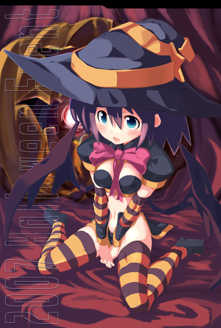 bikini black_bikini blue_eyes bow bowtie breasts cleavage full_body halloween halloween_costume hat looking_at_viewer medium_breasts midriff navel ooyama_kina original pink_bow pink_neckwear red_hair short_hair sitting solo stomach swimsuit thighhighs wariza witch_hat
