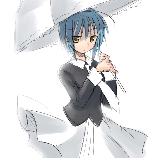black_shirt blue_hair closed_mouth collar expressionless holding little_busters! long_sleeves looking_at_viewer necktie nishizono_mio pleated_skirt shirt short_hair simple_background skirt sleeve_cuffs solo tamura_hiro umbrella white_background white_neckwear white_skirt yellow_eyes