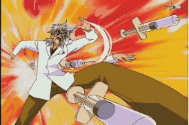 angry animated animated_gif doctor excel_saga glasses iwata_sekifumi lowres male_focus screencap solo syringe throwing