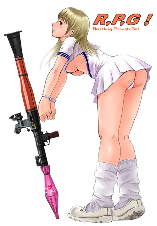 ass bent_over blonde_hair breasts gun large_breasts legs mimura_kaoru original rocket_launcher rpg rpg-7 school_uniform skirt solo underboob weapon