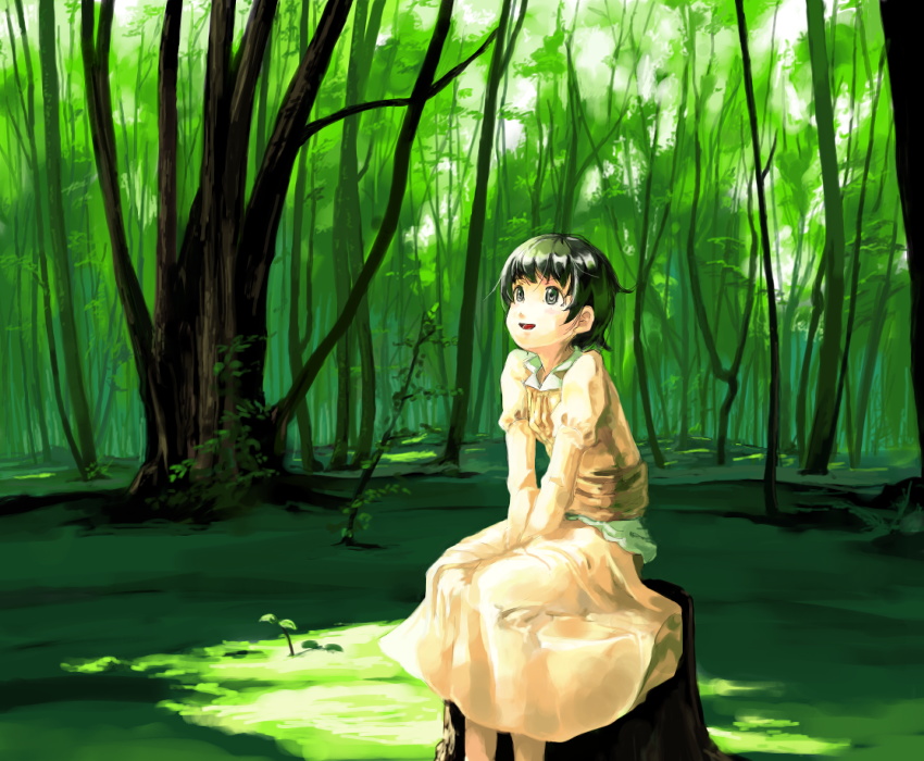 black_eyes black_hair dress forest green looking_up myu nature open_mouth original short_hair sitting sitting_on_tree_stump smile solo tree tree_stump v_arms