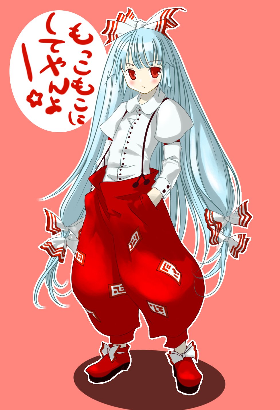 :&lt; bangs blue_hair bow buttons flat_chest fujiwara_no_mokou hair_bow hands_in_pockets highres jpeg_artifacts large_bow long_hair mahan no_nose ofuda pants red_eyes silver_hair simple_background solo standing suspenders touhou translated very_long_hair
