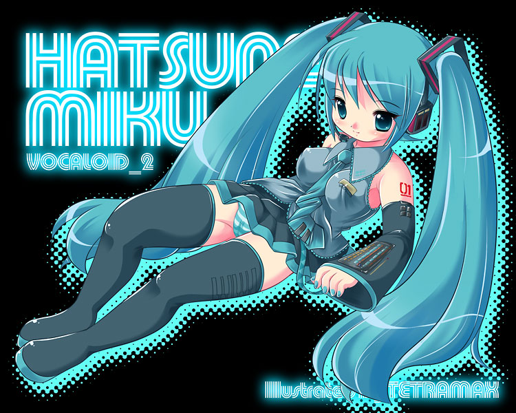 blue_eyes blue_hair breasts cameltoe covered_nipples hatsune_miku long_hair medium_breasts nail_polish panties pantyshot solo striped striped_panties tetramax thighhighs twintails underwear very_long_hair vocaloid