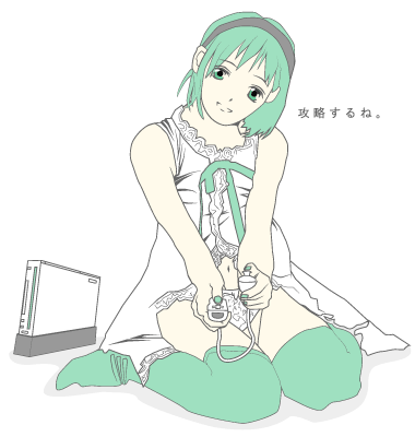 artist_request copyright_request game_console green_eyes green_hair hairband lowres solo thighhighs thighs wii