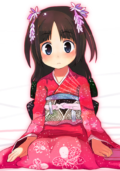 blush brown_hair frown japanese_clothes kimono long_hair original shuzoku_fumei sitting solo