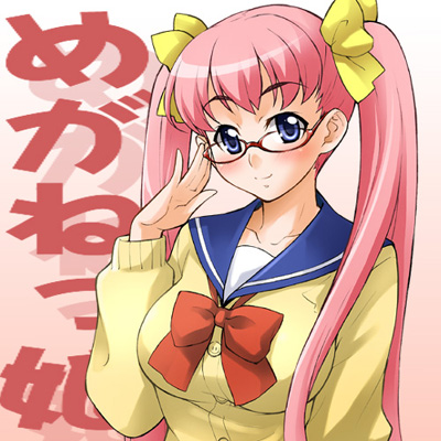cardigan eyebrows_visible_through_hair glasses hand_to_head long_sleeves looking_at_viewer lowres original red-framed_eyewear school_uniform smile solo takurou twintails upper_body