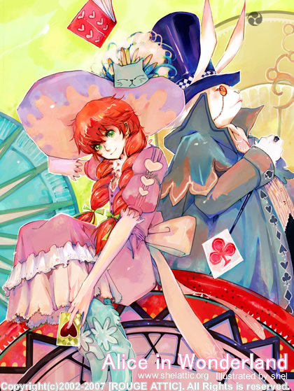 alice_(wonderland) alice_in_wonderland book braid bunny card cat clock dress falling_card floating_card hat heart holding holding_card long_hair monocle red_hair shel top_hat twin_braids white_rabbit