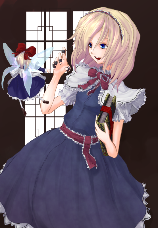 :d alice_margatroid belt beshi blonde_hair blue_eyes blush book capelet doll fairy_wings frills full_body grimoire grimoire_of_alice holding holding_book necktie open_mouth red_neckwear shanghai_doll short_hair size_difference smile solo touhou white_capelet wings