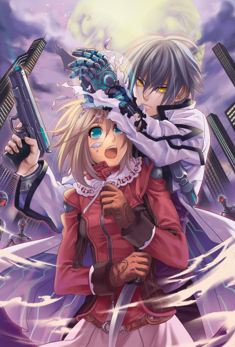 1girl android bangs belt black_hair blonde_hair blush breasts building closed_mouth cloud finger_on_trigger frown full_moon glint gun hair_between_eyes handgun hatake_michi holding holding_gun holding_knife holding_weapon jacket knife lace_trim long_sleeves looking_at_another looking_at_viewer medium_breasts moon night night_sky o-ring open_mouth original outdoors outstretched_arms protecting red_jacket short_hair skirt sky skyscraper surprised torn_clothes torn_sleeves weapon white_coat white_skirt yellow_eyes