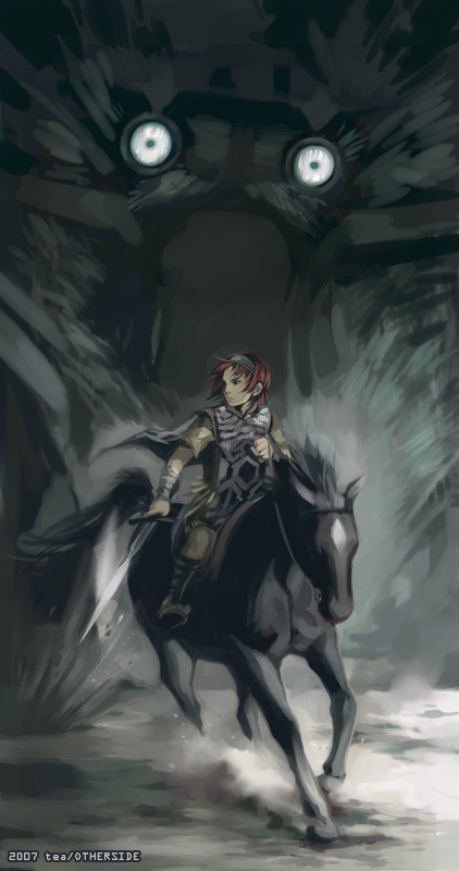 2007 agro colossus horse male_focus red_hair shadow_of_the_colossus solo sword tabard teatea wander weapon