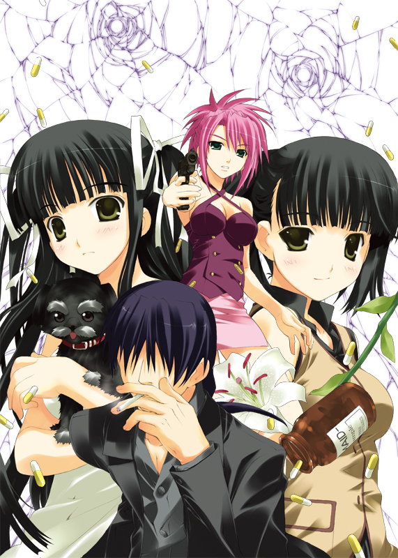 3girls age_difference aiming aiming_at_viewer amagi_kojirou bangs bare_shoulders black_hair blunt_bangs bottle breasts bullet_hole buttons carrying cigarette cleavage cleavage_cutout clenched_teeth collar crack criss-cross_halter dog dress drugs eve_(series) eve_~new_generation_x~ faceless faceless_male flower formal fujima_takuya green_eyes gun hair_over_eyes hair_ribbon halter_top halterneck handgun high_ponytail holding holding_weapon houjou_marina kizeki_aruto kizeki_noi light_smile long_hair low_ponytail medium_breasts multiple_girls outstretched_arm pencil_skirt pill pink_hair ponytail ribbon short_hair short_ponytail short_twintails siblings sisters skirt smile smoke smoking spiked_hair spilling suit sundress teeth twintails two_side_up very_long_hair vest weapon white_dress