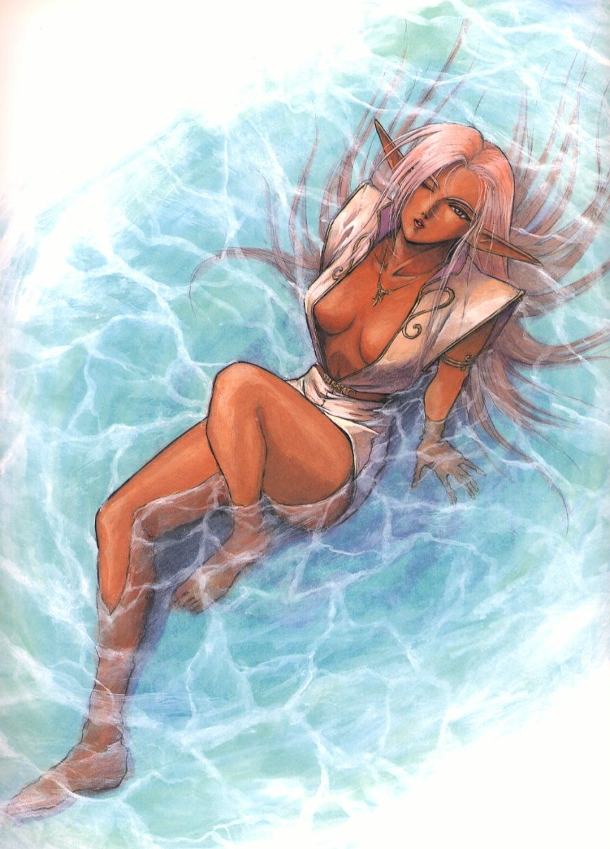 arm_support artist_request barefoot breasts cleavage dark_skin elf highres legs long_hair medium_breasts one_eye_closed pirotess pointy_ears record_of_lodoss_war solo submerged water white_hair