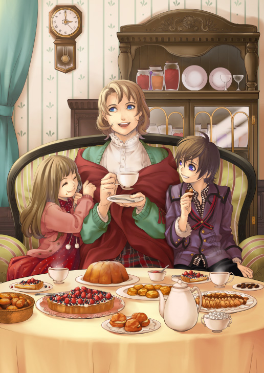 2girls ^_^ arm_grab blue_eyes brown_hair checkerboard_cookie child clock closed_eyes commentary_request cookie couch cream_puff cup cupboard curtains dinner doily dress family food happy hatake_michi holding indoors jacket long_hair looking_away mother_and_daughter mother_and_son multiple_girls original pie plaid plaid_skirt plate pudding room saucer shawl short_hair sitting skirt spoon steam sugar_bowl sugar_cube table tablecloth tea teacup teapot
