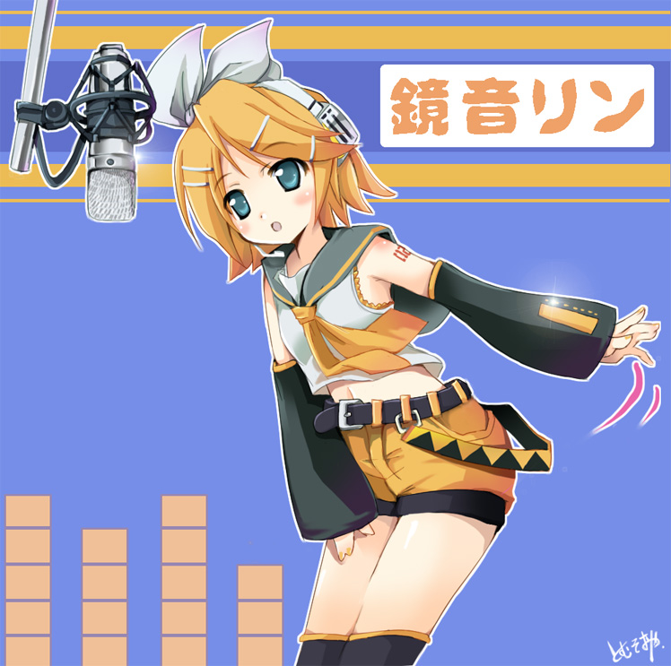 :o bangs belt blonde_hair blue_background buckle character_name cowboy_shot detached_sleeves hair_ornament hair_ribbon hairclip kagamine_rin microphone number open_mouth ribbon sailor_collar short_sleeves shorts simple_background solo standing swept_bangs tattoo text_focus tomusooya vocaloid white_ribbon
