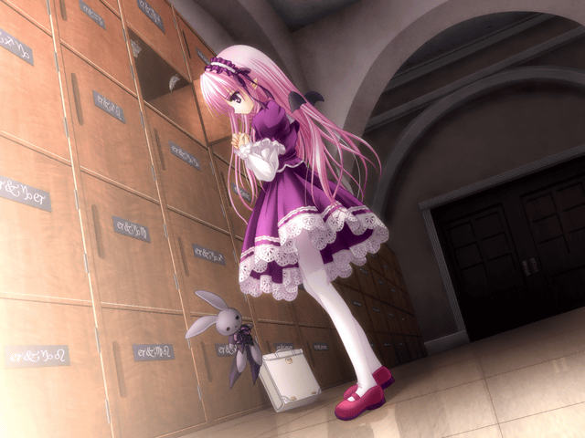 bag bunny dress dutch_angle game_cg gothic_lolita hairband hands_clasped locker lolita_fashion long_hair magical_tale own_hands_together pink_hair pointy_ears purple_eyes sasha_(magical_tale) school_bag solo stuffed_animal stuffed_bunny stuffed_toy thighhighs tinker_bell wings