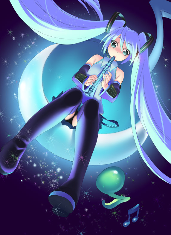 beamed_eighth_notes blue_hair eighth_note hatsune_miku instrument long_hair musical_note piyodera_mucha recorder solo thighhighs twintails very_long_hair vocaloid
