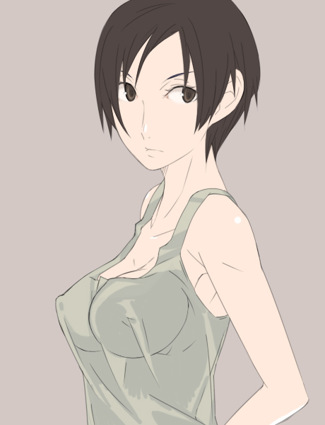 breasts cleavage copyright_request covered_nipples ghost-q medium_breasts short_hair solo