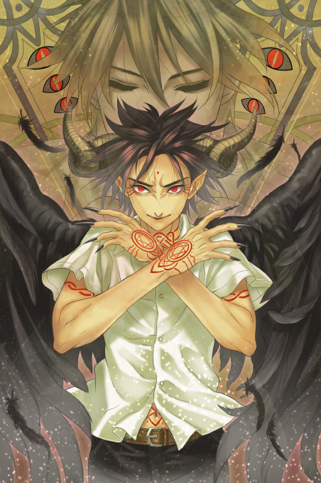 belt black_nails black_wings claws copyright_request curled_horns demon_boy feathered_wings feathers hatake_michi horns looking_at_viewer nail_polish navel pointy_ears red_eyes shirt tattoo white_shirt wings