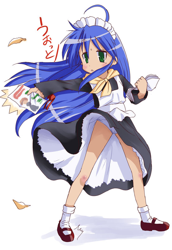 alternate_costume artist_request blue_hair cosplay enmaided green_eyes izumi_konata long_hair lucky_star maid panties solo underwear wind