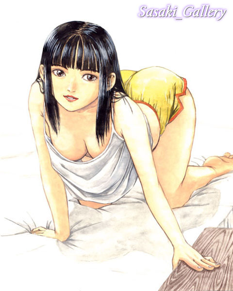 all_fours arm_support bangs barefoot black_hair blue_eyes blunt_bangs camisole collarbone downblouse full_body h.sasaki looking_at_viewer original solo