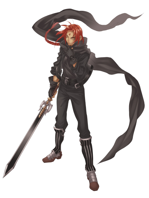 belt bindi black_gloves black_scarf boots braid copyright_request facial_mark forehead_mark full_body gloves hatake_michi legs_apart long_hair looking_at_viewer male_focus one_eye_closed pants red_eyes red_hair scarf simple_background single_braid solo standing sword weapon white_background