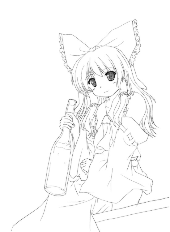 bottle bow detached_sleeves dress frills greyscale hair_bow hakurei_reimu holding lineart long_sleeves looking_at_viewer lzh monochrome simple_background sitting solo touhou white_background
