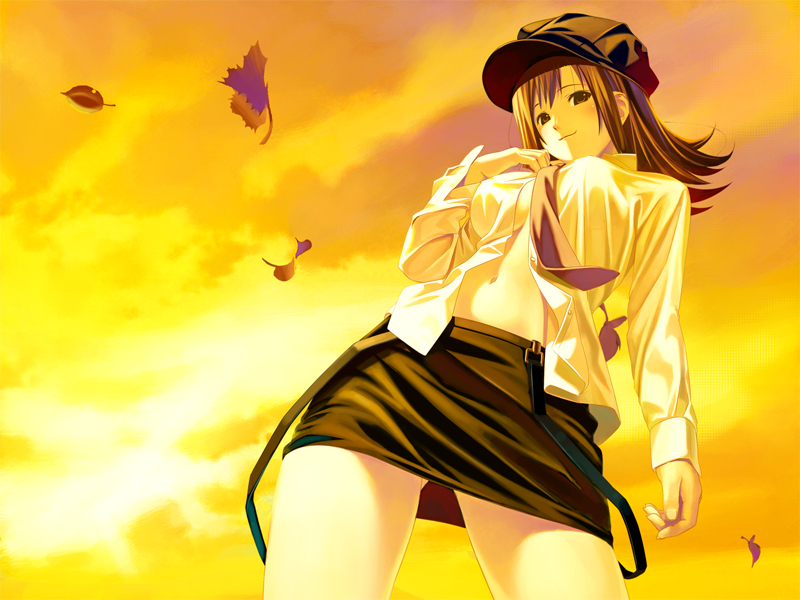 bangs blush breasts brown_eyes brown_hair cloud covered_nipples dress_shirt hat koutaro large_breasts leaf long_hair midriff miniskirt naughty_face navel necktie no_bra open_clothes open_shirt outdoors parted_bangs pencil_skirt pp:_pianissimo shirt skirt sky smile solo standing sunset suspenders tachibana_mikage