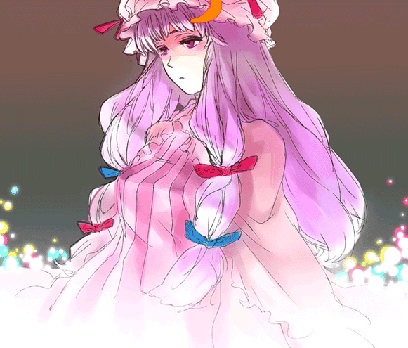 blue_bow bow crescent dress frills hair_bow half-closed_eyes hat long_hair long_sleeves magic mob_cap multi-tied_hair patchouli_knowledge pink_dress purple_eyes purple_hair red_bow solo touhou upper_body very_long_hair yukizen