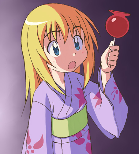 blonde_hair c-lop candy_apple food japanese_clothes kate_(sketchbook_full_colors) kimono sketchbook_full_colors solo yukata