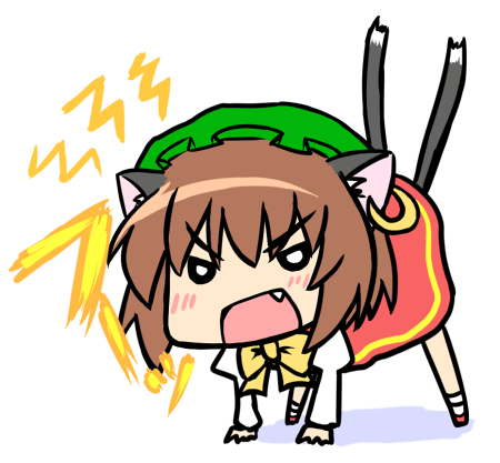 all_fours angry animal_ears bad_id bad_pixiv_id cat_ears cat_tail chen chibi earrings fang hat jewelry lowres multiple_tails nekoyama solo tail touhou