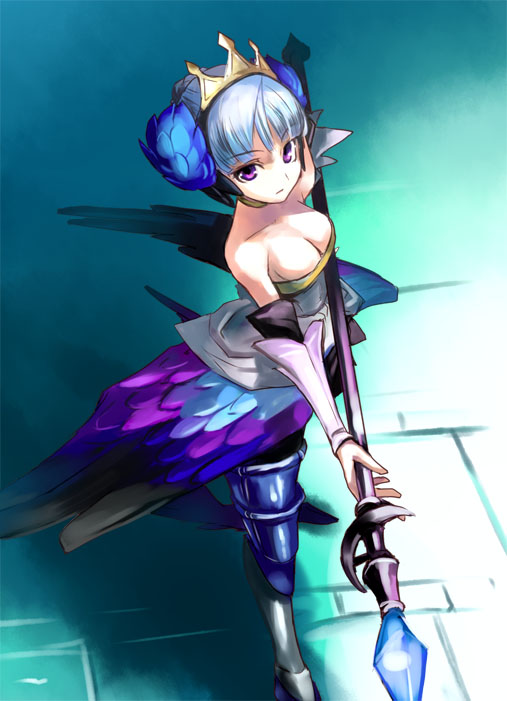 adachi_yousuke armor armored_dress blue_background breasts cleavage crown dress gwendolyn hat medium_breasts multicolored multicolored_wings odin_sphere polearm solo spear strapless strapless_dress weapon wings