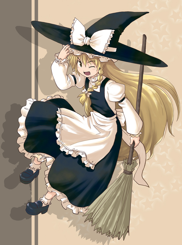 apron black_footwear black_hat black_skirt blonde_hair bow braid broom eyebrows eyebrows_visible_through_hair frilled_apron frilled_bow frilled_hat frilled_legwear frilled_skirt frills hair_bow haniwa_(leaf_garden) hat hat_bow kirisame_marisa long_hair long_sleeves one_eye_closed open_mouth shadow shoes single_braid skirt socks solo star touhou very_long_hair white_bow white_legwear witch witch_hat yellow_eyes