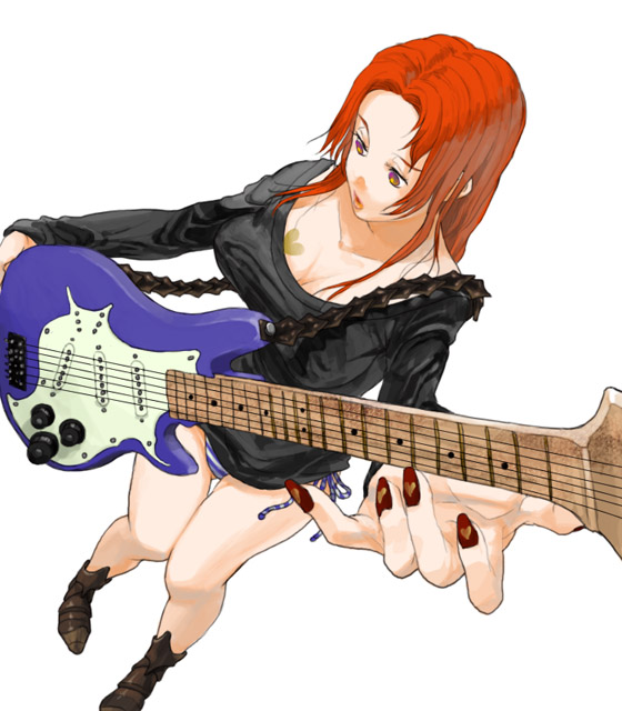 bad_id bad_pixiv_id breasts cleavage copyright_request electric_guitar foreshortening guitar hands instrument kyuusugi_toku large_breasts long_hair nail_art nail_polish panties red_hair red_nails side-tie_panties solo striped striped_panties underwear