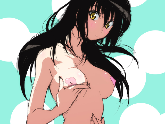 black_hair blush breast_hold breasts covered_nipples gapper heart_pasties kotegawa_yui large_breasts long_hair nude pasties solo to_love-ru upper_body yellow_eyes