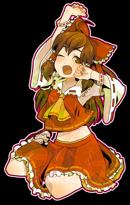 ;o arm_up ascot blush bow detached_sleeves hair_bow hair_tubes hakurei_reimu haruo_(clownberry) long_sleeves looking_at_viewer one_eye_closed red_bow ribbon-trimmed_sleeves ribbon_trim sidelocks sitting solo stretch touhou vest waking_up wariza yawning
