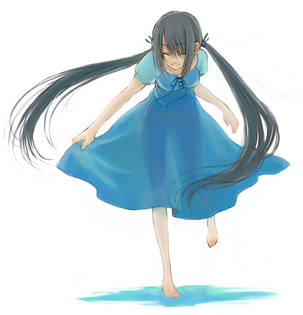 barefoot black_hair blue_dress closed_eyes dress full_body long_hair original see-through skirt_hold smile solo standing standing_on_one_leg twintails yuuryuu_nagare