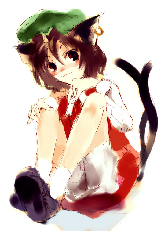animal_ears brown_hair cat_ears cat_tail chen earrings hat jewelry multiple_tails nokishita short_hair solo tail touhou