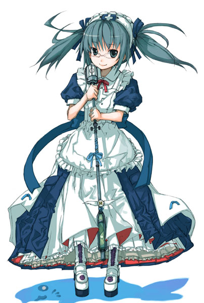 apron blush floating_hair flower green_eyes green_hair holding looking_at_viewer maid original puffy_short_sleeves puffy_sleeves short_sleeves simple_background smile solo staff standing tareme twintails white_background wind yamane_masato