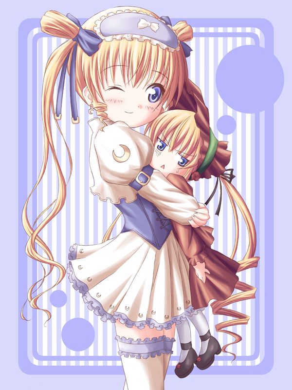 blonde_hair blue_background blue_eyes bonnet crossover dekosuke hug look-alike multiple_girls one_eye_closed rozen_maiden saint_october shinku shirafuji_natsuki sweatdrop