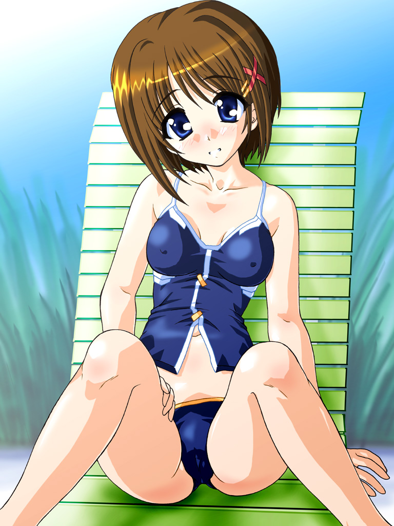 blue_eyes blue_sky blue_swimsuit blush breasts brown_hair cameltoe chair cleavage covered_nipples crotch day error feet_out_of_frame grass grin hair_ornament hairclip hand_on_thigh head_tilt knees_up looking_at_viewer lounge_chair lyrical_nanoha mahou_shoujo_lyrical_nanoha_strikers masutaauu medium_breasts navel nose_blush outdoors short_hair sitting sky smile solo spread_legs sun swimsuit tankini x_hair_ornament yagami_hayate