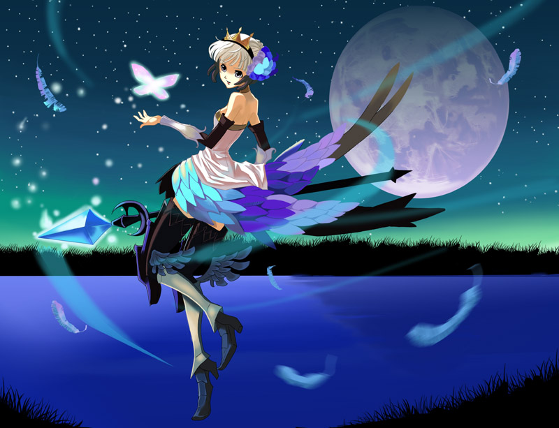 armor armored_dress azuma_reiharu bug butterfly dress gwendolyn insect moon multicolored multicolored_wings night night_sky odin_sphere polearm sky solo spear strapless strapless_dress weapon wings