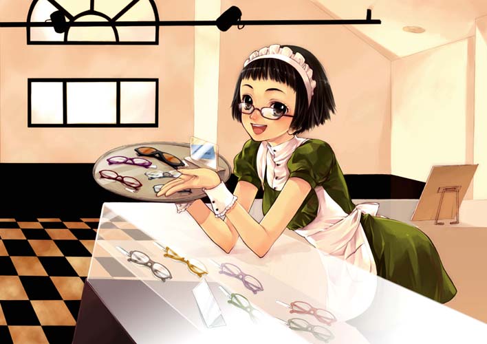 black_hair checkered copyright_request furudori_yayoi glasses maid shop short_hair solo tray window