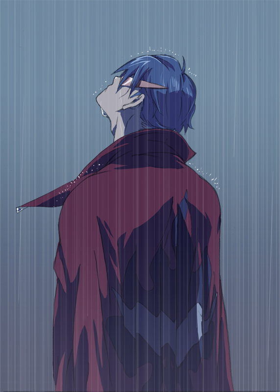 blue_hair cape glasses kamina kamina_shades looking_up male_focus quareal rain solo tengen_toppa_gurren_lagann wet