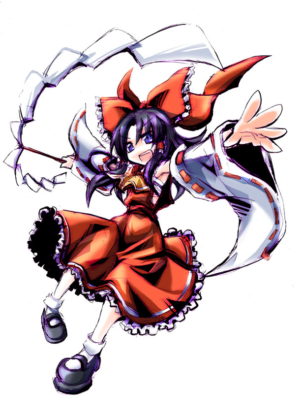 ascot blue_eyes bow detached_sleeves frilled_bow frills full_body gohei hair_bow hair_ribbon hakurei_reimu kobayashi_tetsuya long_hair mary_janes purple_hair red_bow red_ribbon ribbon ribbon-trimmed_sleeves ribbon_trim sarashi shoes simple_background socks solo touhou white_background white_sleeves yellow_neckwear