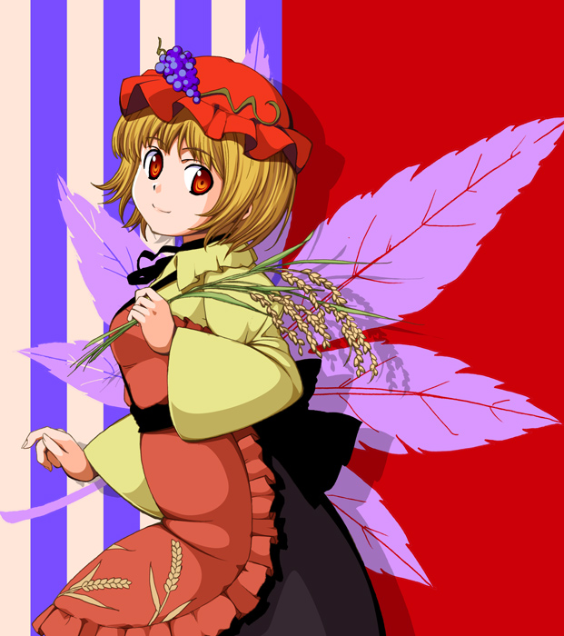 aka_ringo aki_minoriko apron azuma_shoujuan bangs blonde_hair closed_mouth eyebrows_visible_through_hair food frilled_apron frills fruit grapes hat holding juliet_sleeves leaf long_sleeves looking_at_viewer maple_leaf orange_eyes over_shoulder puffy_sleeves red_hat ribbon short_hair smile solo touhou wheat