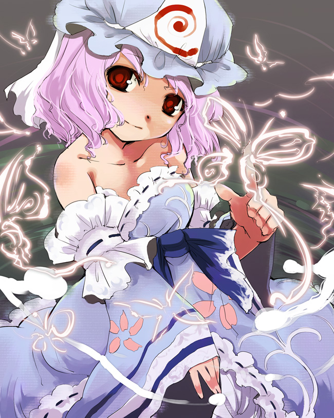 adapted_costume bug butterfly collarbone detached_sleeves frills glowing hat head_tilt insect japanese_clothes kimono looking_at_viewer messy_hair pink_hair red_eyes saigyouji_yuyuko short_hair smile solo touhou triangular_headpiece veil wide_sleeves wind yuu_(kfc)