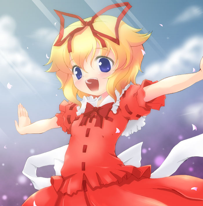 blonde_hair blue_eyes bow dress hair_ribbon medicine_melancholy open_mouth outstretched_arms ribbon short_hair solo spread_arms standing tilm touhou